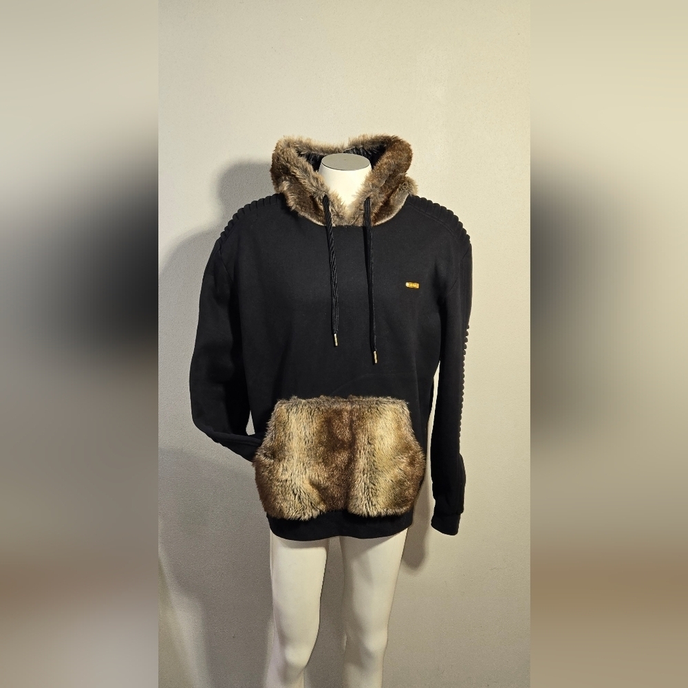 Makobi Black Faux Fur Quilted Pullover Hoodie Men's Size XL